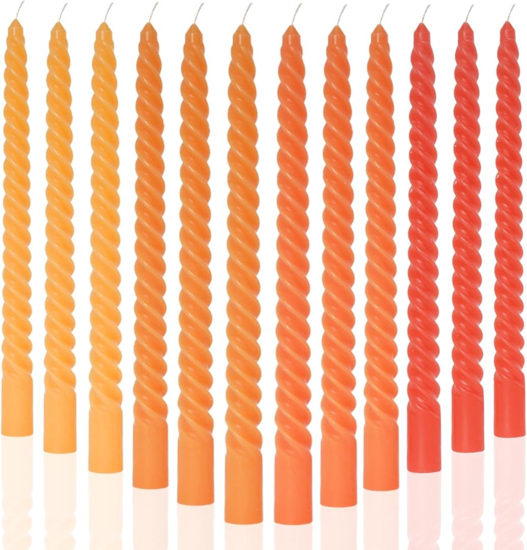 MAITREYA Orange Taper Candles Stick Spiral Twisted Candles-Set of 12 for Decoration Weddings Party Church-Unscented Dripless Candles,10inch(F-Gradient Orange)