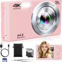 Digital Camera,Upgraded FHD 4K Pink Digital Camera for Teens Girls,Compact Digital Cameras with 64GB Memory Card,2 Batteries,Small Camera with 16X Autofocus Digital Zoom for Vlogging