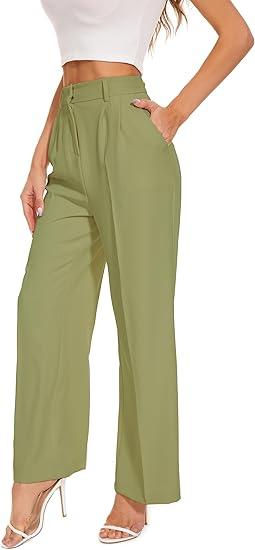 FUNYYZO Women's Wide Leg Pants High Elastic Waisted in The Back Business Work Trousers Long Straight Suit Pants, Size XS, Green