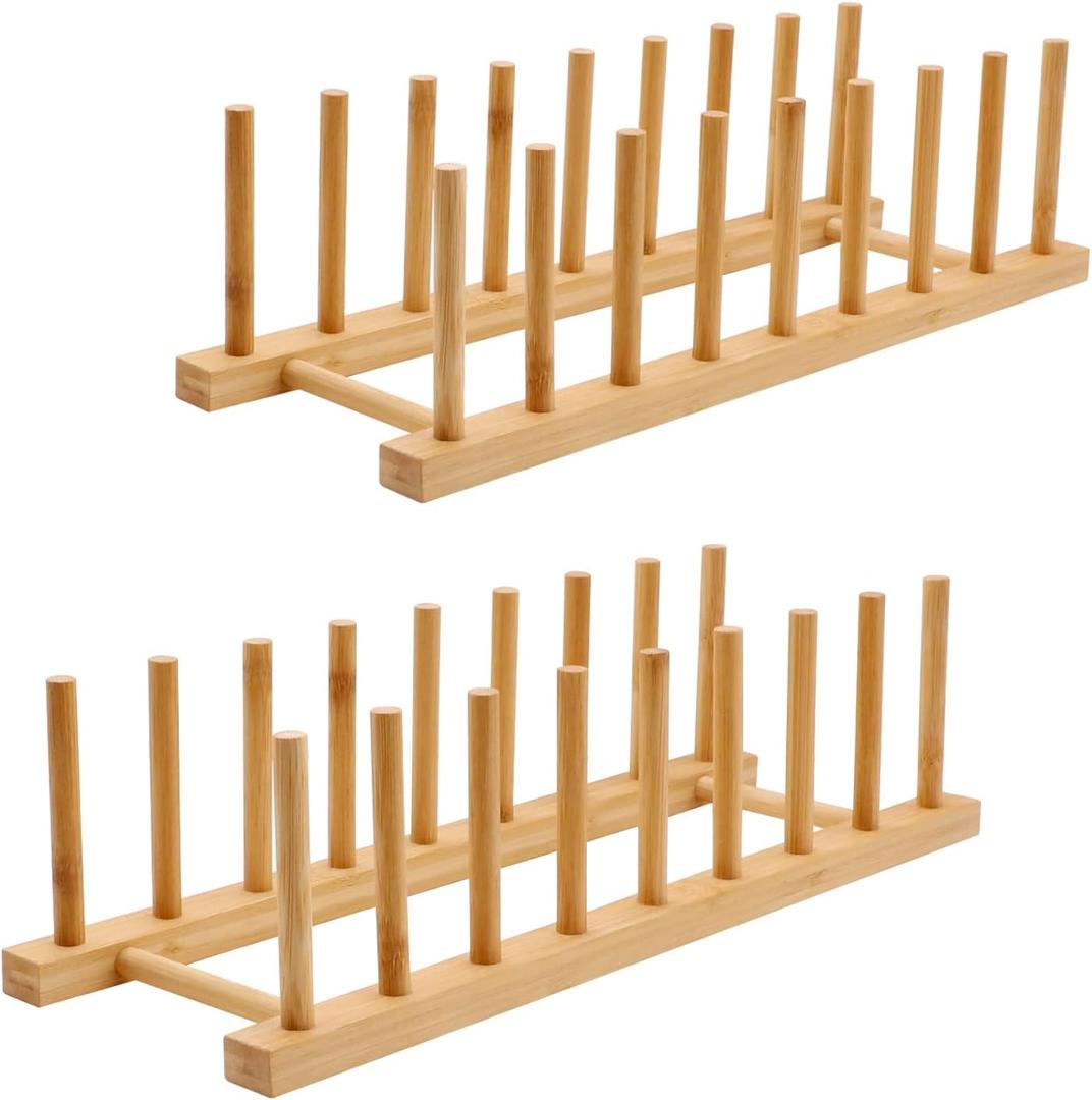 2PC Bamboo Wooden Dish Drying Rack, 8-Slot Plate Rack Cabinet Dish Stand Organizer for Kitchen Counter, Drainer Storage Holder for Bowl/Cup/Lid/Cutting Board/Book, Space-Saving Design
