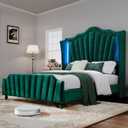 DWVO Queen Size Platform Bed Frame with 60" Tall Wingback Headboard and Footboard, Velvet Upholstered Bed with LED Light, Solid Wood Leg, No Box Spring Needed, Easy Assembly, Green