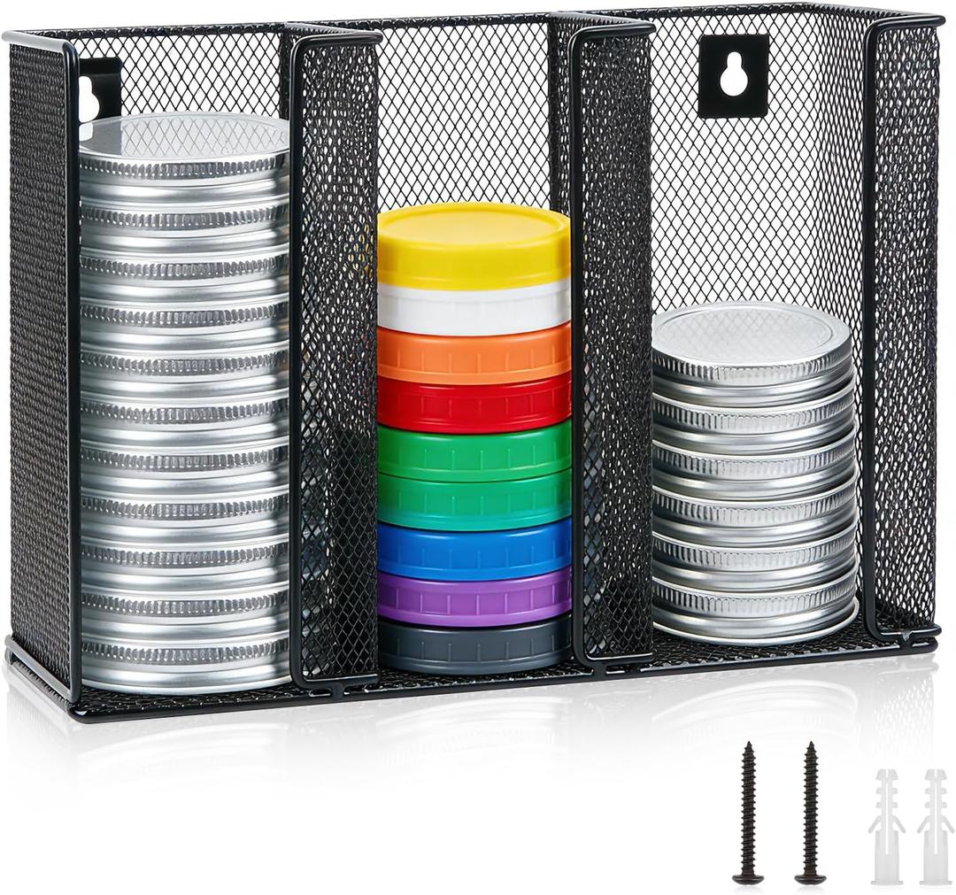 Wall Mounted Mason Jar Lid Organizer Metal Mason Jar Lid Holder 3-Compartment Mason Jar Lid Rack Vertical Mason Jars Lid Storage Wide Mouth Canning Lid Holder Stackable for Kitchen Countertop