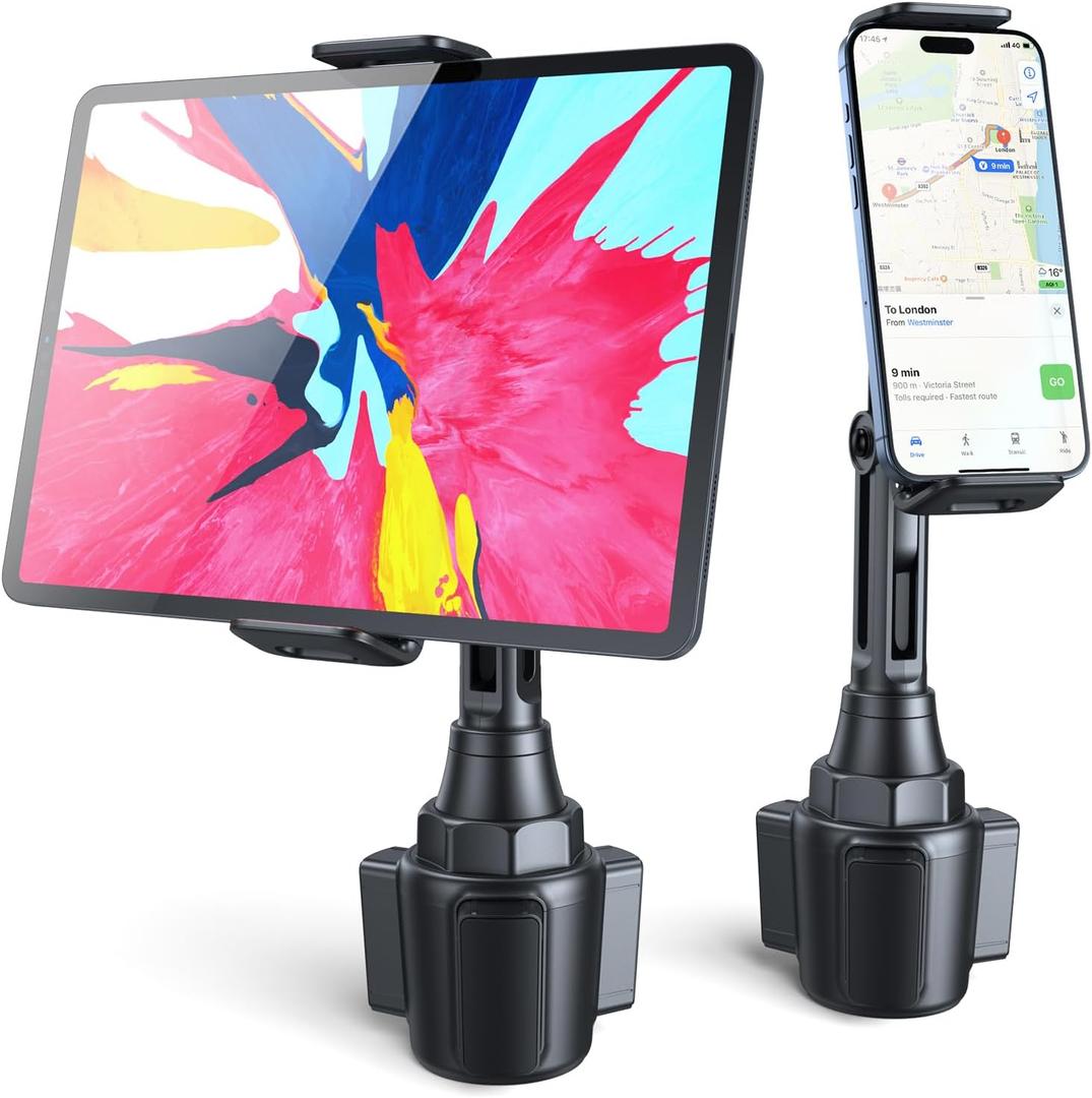 Tablet Holder for Car, iPad & iPhone Car Mount Adjustable Height, Cup Holder Tab & Phone Holder for Car/Truck, Compatible with 4.7-13" iPad, iPhone, Cell Phone Travel Accessories
