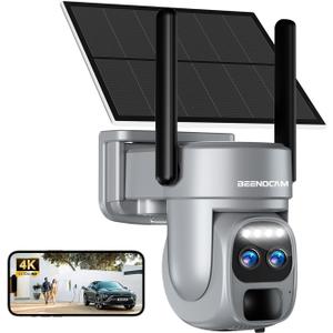 BEENOCAM 4K/8MP Solar Security Cameras Wireless Outdoor, Dual Lens 360PTZ Solar Camera Outdoor Wireless Cameras for Home Security with 2.4/5GHz, PIR Human Detection, Color Night Vision, 2-Way Audio (1 Pack, Grey)