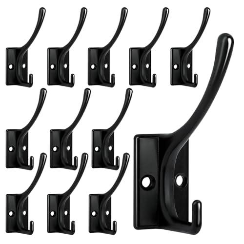 Homanu 12 Pack Coat Hooks, Heavy Duty Coat Hooks Wall Mounted with 24 Screws, No Rust Double Hooks Black Wall Hooks for Hanging Towel, Coat, Scarf, Bag, Hat, Cup, Key