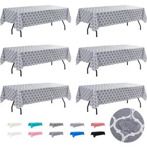 Vinyl Tablecloth with Flannel Backing-6 Pack Moroccan Grey 60x84 Inch Waterproof Rectangular Plastic Table Cloths-Wipeable Heavy Duty Oilcloth for Outdoor Picnic Party Camping Dining