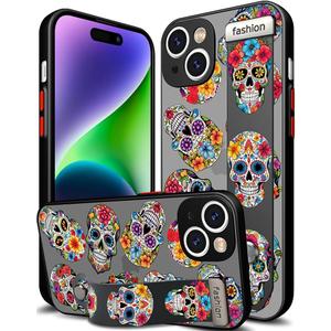 Compatible for iPhone 14 Case Cute with Strap Stand Finger Kickstand, Designer Cool Silicone Cases Funda Cover - Blue Skulls Skeletons Halloween