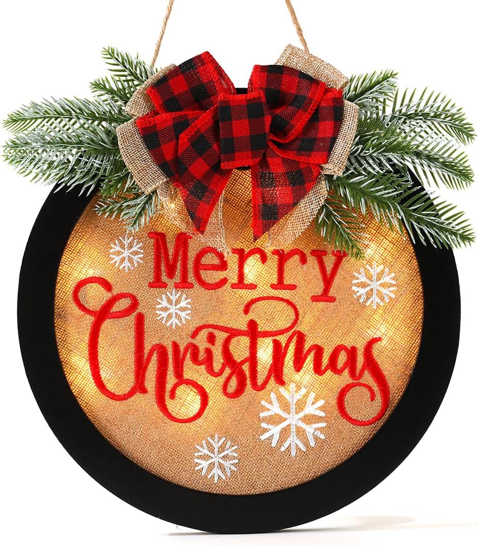 HOMCDALY Merry Christmas Welcome Sign for Front Door, Winter Merry Christmas Wreath with Light, Farmhouse Door Decoration Wooden Hanging Sign, Winter Home Decoration (F-Xmas-Black)
