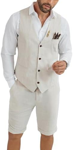 HUEZOE Mens Linen Suit 2 Piece Short Suits for Men Casual Summer Beach Groom Wedding Suit Linen Vest Shorts Set, 4XL
