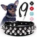 Spiked Dog Collar, Spike Collar for Dogs, Durable PU Leather Studded Dog Collar with Leash, Epesiri Funny Mushrooms Rivet Small Puppy Dog Collars, Pet Cat Adjustable Collar, Best Gift, Black XSmall