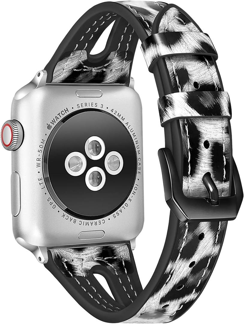 2 x TILON Leopard Bands Compatible for Apple Watch Band 38mm 40mm 41mm/42mm 44mm 45mm, Waterproof Genuine Leather&Soft Silicone Strap Replacement for iWatch Series SE 7 6 5 4 3 2 1 Women Girls (Black)