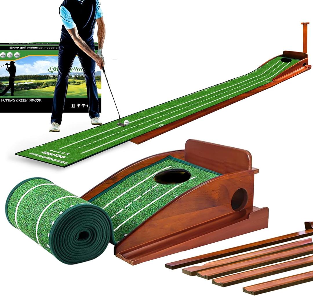GimYaa Golf Putting mat Green Indoor and Outdoor with Auto Ball Return,Game Practice Golf Gifts for Home, Office, Backyard Indoor Golf and Outdoor Use, Crystal Velvet Mat (Green one hole version)