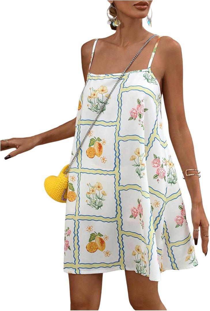 GORGLITTER Women's Floral Mini Wedding Guest Dresses Spaghetti Strap Boho Cami Short Summer Vacation Sundress (White, M)