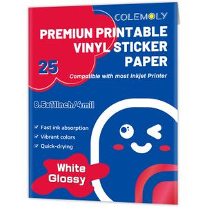 Glossy Sticker Paper Printable Vinyl for Inkjet Printer Adhesive White Decals Waterproof Quick Drying Tear Resistance Labels Letter Size 8.5x11 in for Craft,Scrapbook (25 Sheets)