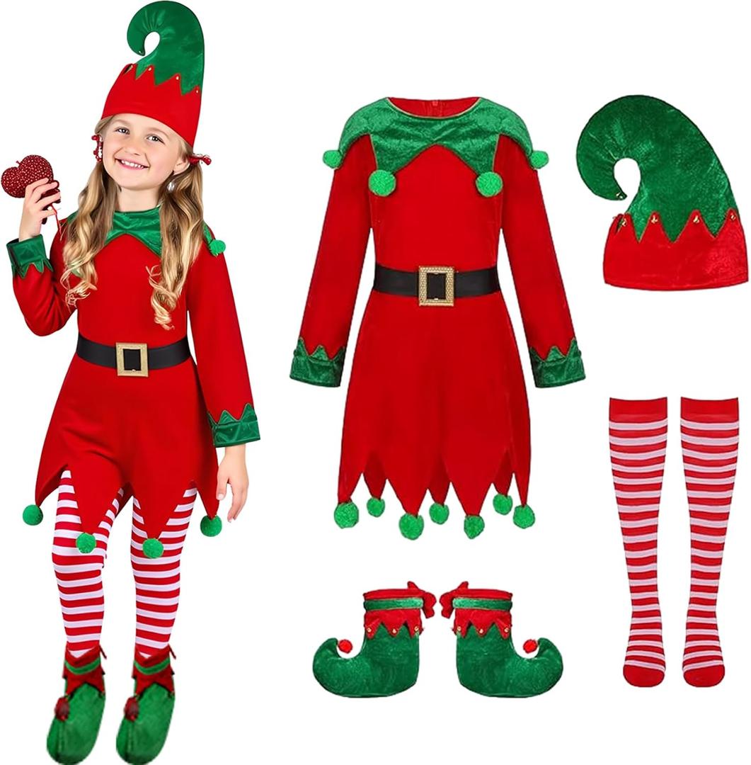 Christmas Elf Costume for Kids - Girls Elf Dress Set Velvet Cosplay Santa's Helper Costume Xmas Outfit (10-11 Years)