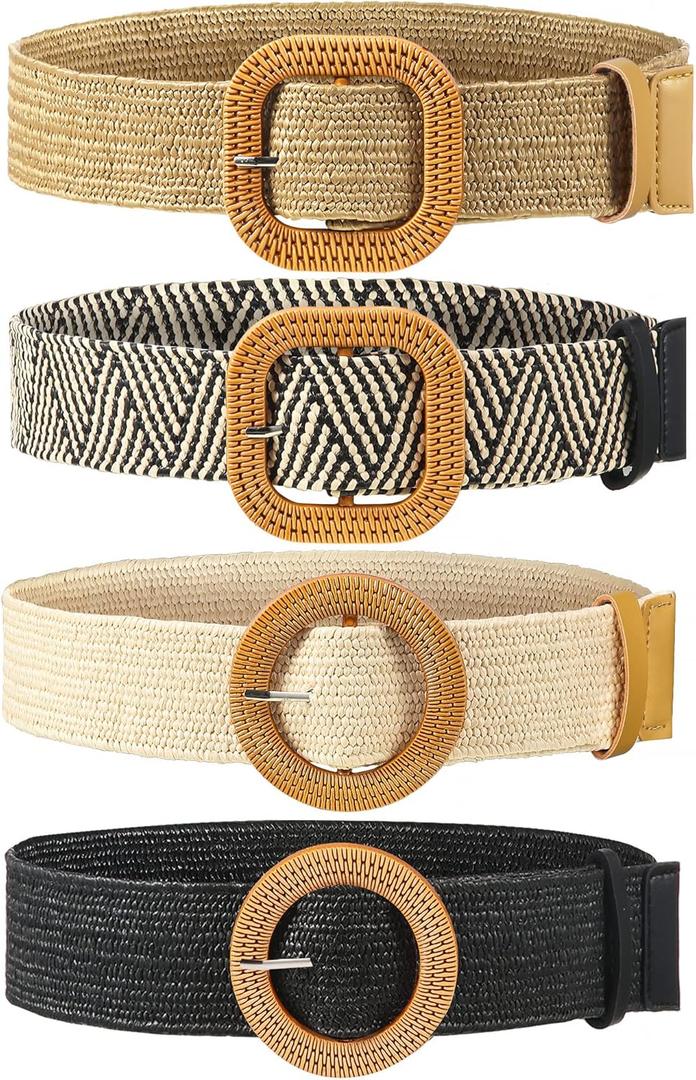 WILLBOND 4 Pcs Women's Elastic Raffia Woven Belt, Boho Rattan Buckle Stretch Straw Wide Waist Belt for Dresses Jeans Pants
