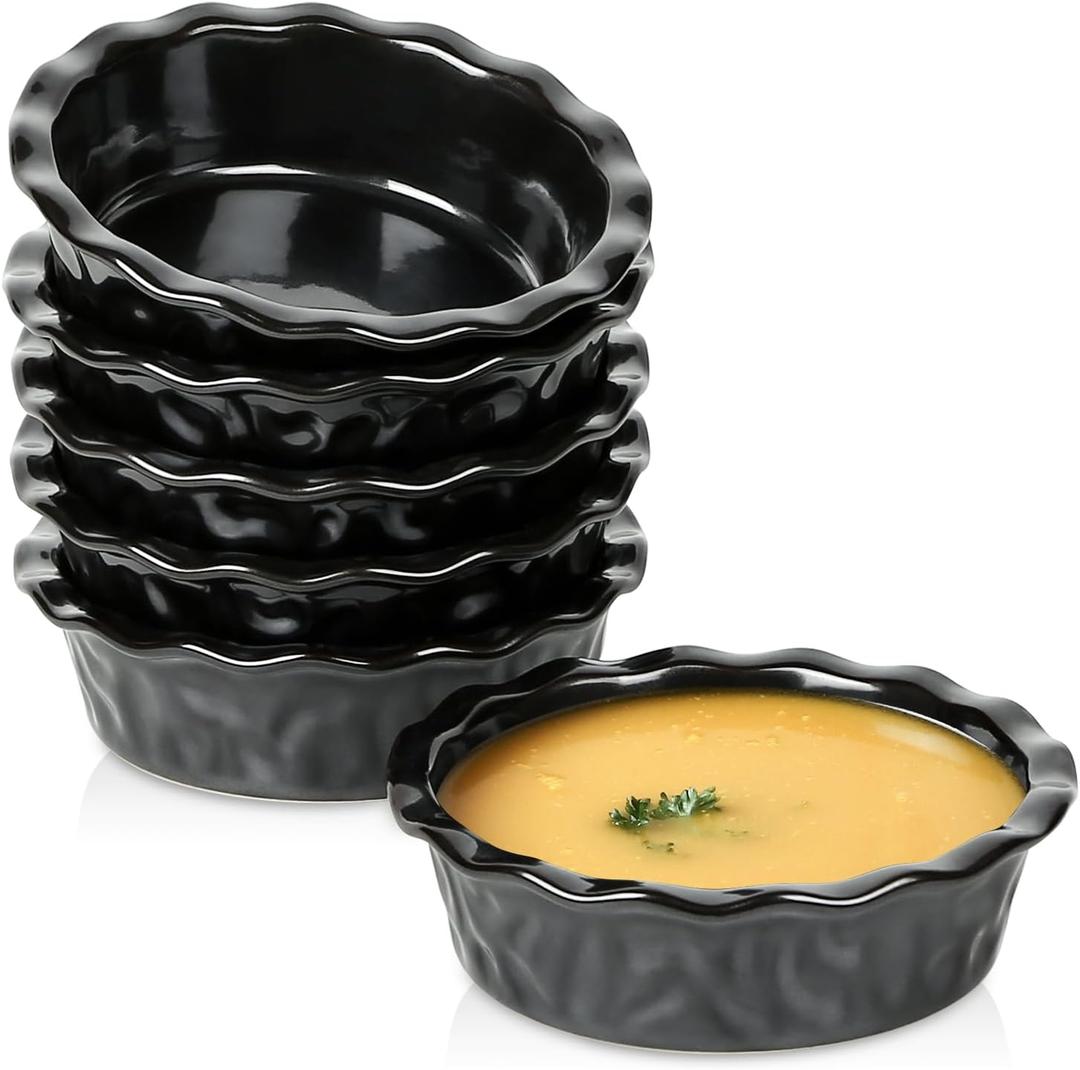 Vicrays Ceramic Pie Pan for Baking - 5.5 inch Small Pie Plates Deep Dish Round Pot Casserole Mini Serving Bowl - Microwave Oven Safe for Dessert Apple Pie Cake Tart Pizza Set of 6 - Black