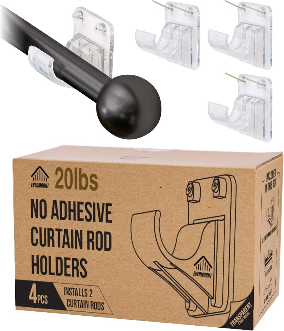 No Adhesive Heavy Duty Curtain Rod Holders with Wide Hook, 5X Stronger Than Adhesive Curtain Rod Hooks,Tension Curtain Rod Bracket for Wall with Pin Guide, Curtain Wall Mount (4 Pack, for 0.75" Rods)
