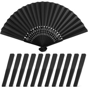 JOHOUSE 12 Packs 8.2 Inch Black Chinese Paper Foldable Hand Fan for Women - Wedding, Bridal Shower, Outdoor Party Favors, DIY Home Decor