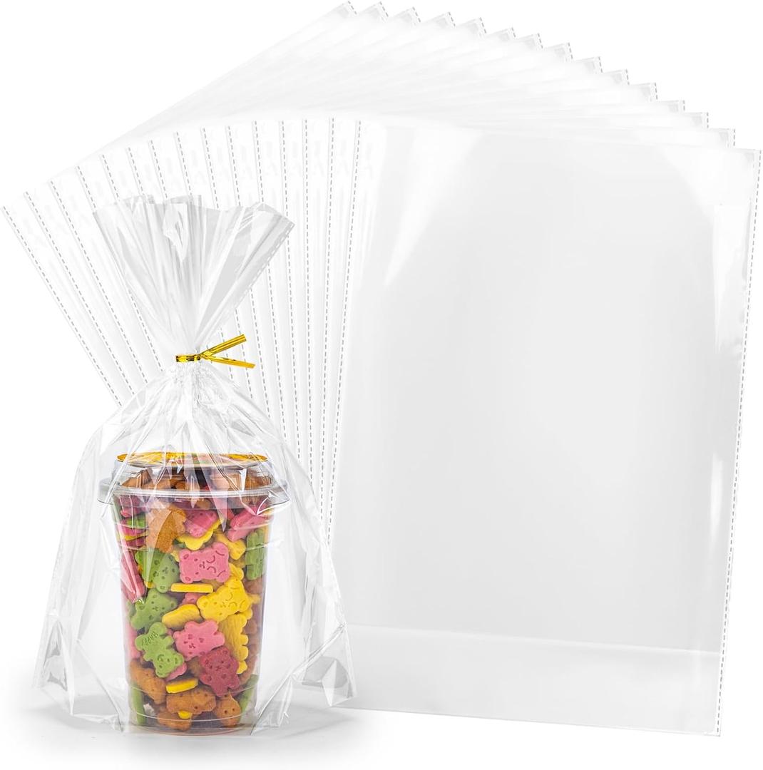 100Pcs Flat Bottom Cellophane Bags, 9.8x14x 3.8" Clear Goodie Baggies with Twist Ties for Party Favor Packaging, Cookie, Popcorn, Candy, Mug Wrapping