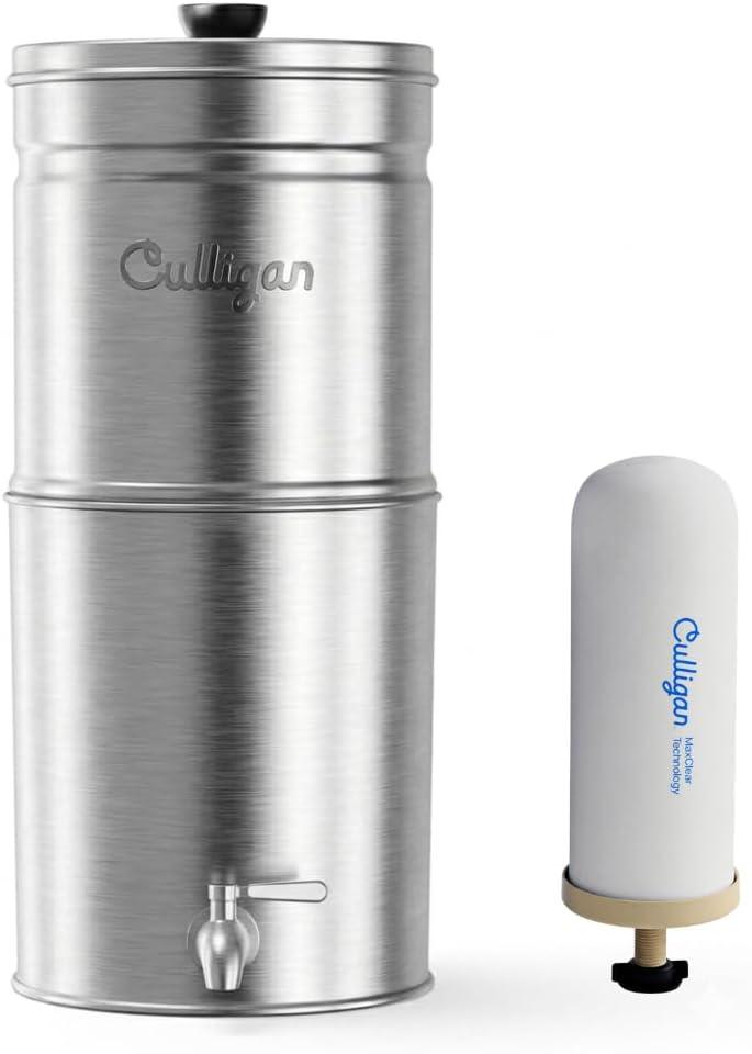 Culligan MaxClear 2.25 Gallon Gravity Water Filter System, Removes Microplastics, PFAS & Lead, NSF/ANSI Certified, Brushed Stainless-Steel Countertop Filter with 1 Ceramic Filter
