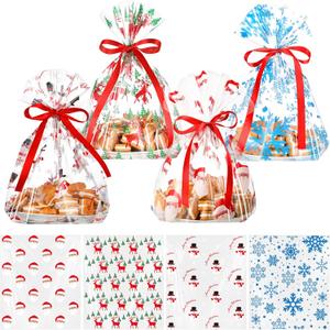 Meanplan 50 Pcs Christmas Cellophane Cookie Tray Bags with Red Ribbon Santa Claus Deer Cookie Treat Bags Snowman Snowflakes Patterns for Xmas Holiday Party Favors Supplies