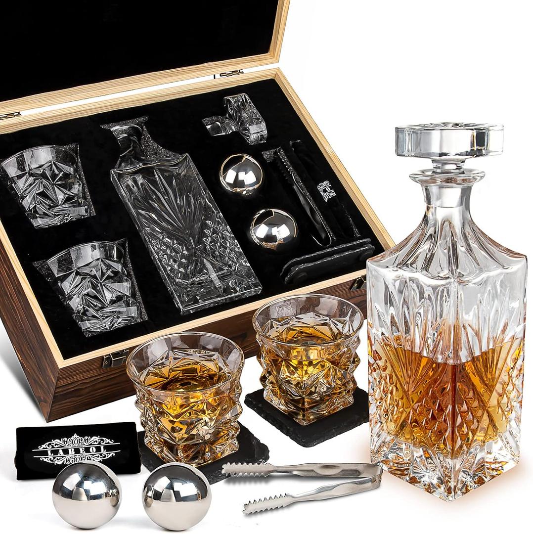 Whiskey Decanter Set, Whiskey Stones Gift Set for Men, Gifts Box with Reusable Stainless Steel Balls, Glasses, Decanter, Slate Coasters and Tongs for Dad, Boyfriend
