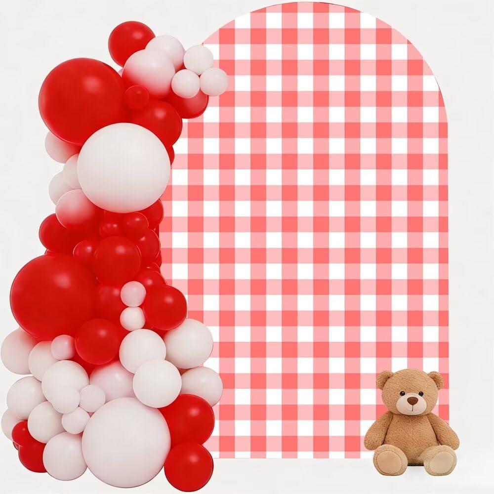 Red Plaids Arch Backdrop Cover,6FT Gingham Theme Stretchy Spandex Arch Fabric Cover for Birthday Baby Shower Mexican Talavera Wedding Party Decoration