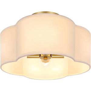 4-Light 14.4'' Semi Flush Mount Ceiling Light Fixture, Gold Modern Close to Ceiling Lamp with White Fabric Shade, Farmhouse Bright Lighting Brass Finish for Nursery Kids Room Bedroom Hallway Entryway