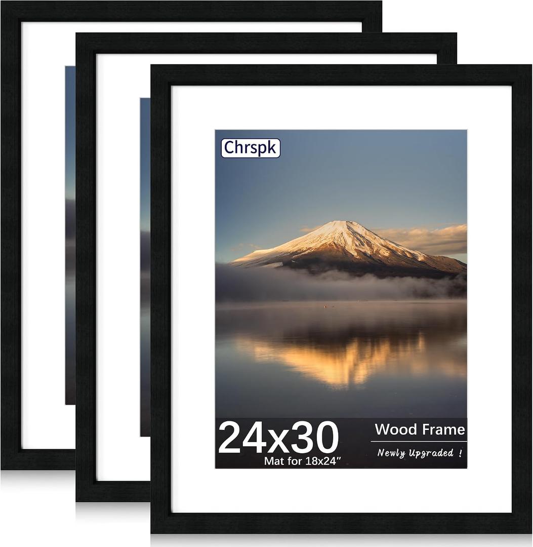 24x30 Poster Frame, Black Wood Frame with 18x24 Mat, 3 Pack