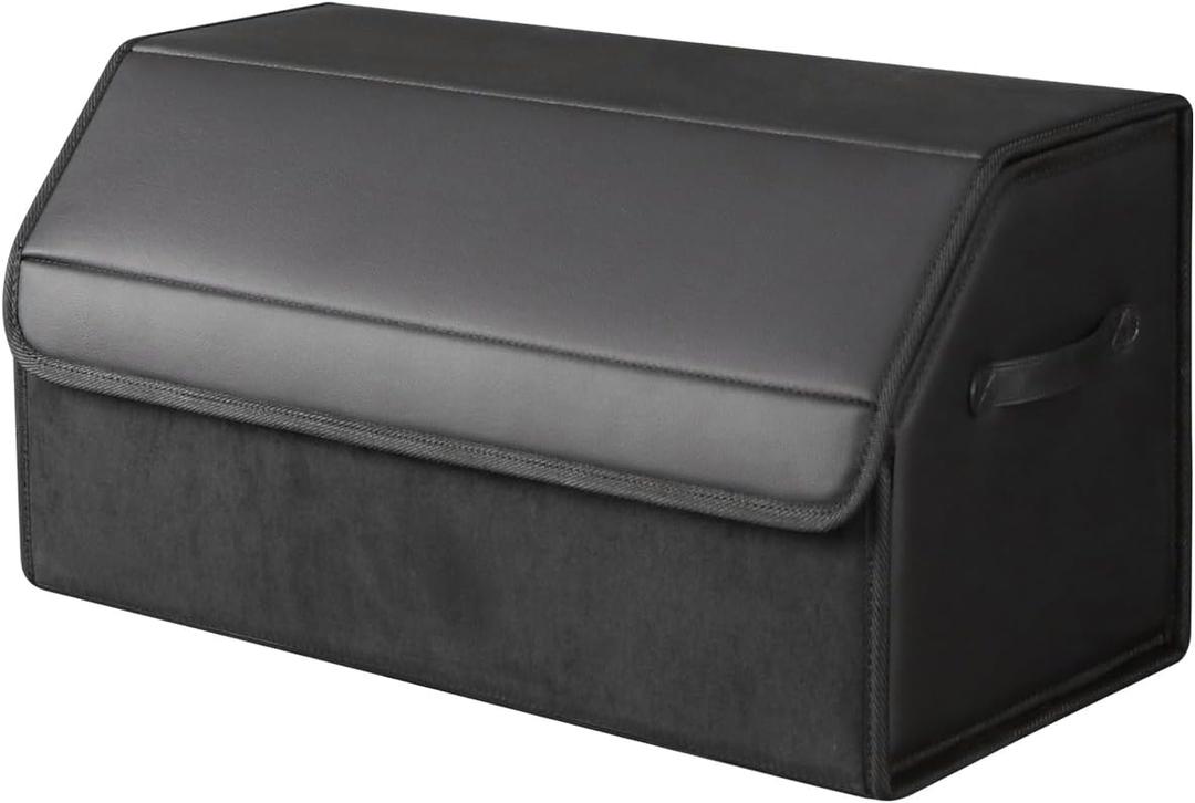Car Organizers and Storage for SUV, Trunk Organizer for Sedan, Leather Foldable Sleek Box with Lid, Collapsible Cargo Bins, Tool Accessories Containers, Collapsible Suede Velvet (18 inch Covered)