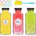 3 Pack 12oz Glass Water Bottles, 350ml Empty Glass Juice Bottles with Black Lids, Brush & Labels, Clear Reusable Drinking Jars for Juicing, Homemade Smoothies, Beverages