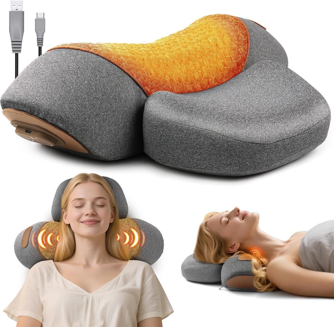 3-in-1 Neck Massager Pillow, Neck Massager for Pain Relief Deep Tissue, Massage Pillow with Heat, Vibration & Airbag Traction, 3D Ergonomic Cervical Hump Corrector Massage for Home Office