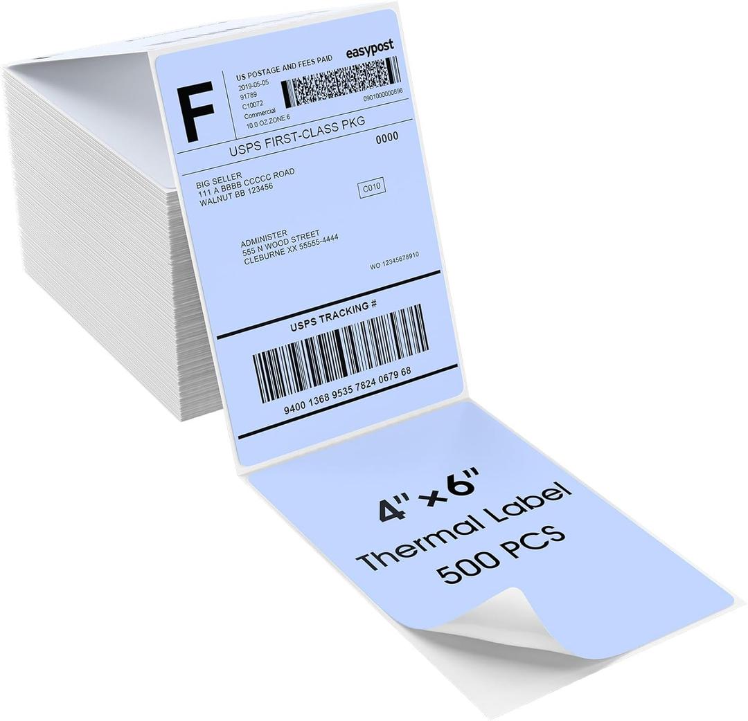 MaxGear 4" x 6" Direct Thermal Labels, 500 Fanfold Shipping Package Labels, Perforated White, Commercial Grade, Permanent Adhesive, Compatible with Most Thermal Printers, Blue