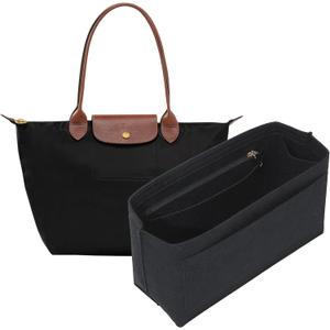 Lighweight Purse Organizer Insert for Longchamp Le Pliage M Tote Bag, Premium Felt Long Champ Medium Tote Divider with Cup Holder,Bags Storage Shaper with 8 Deepened Pockets,M/Black