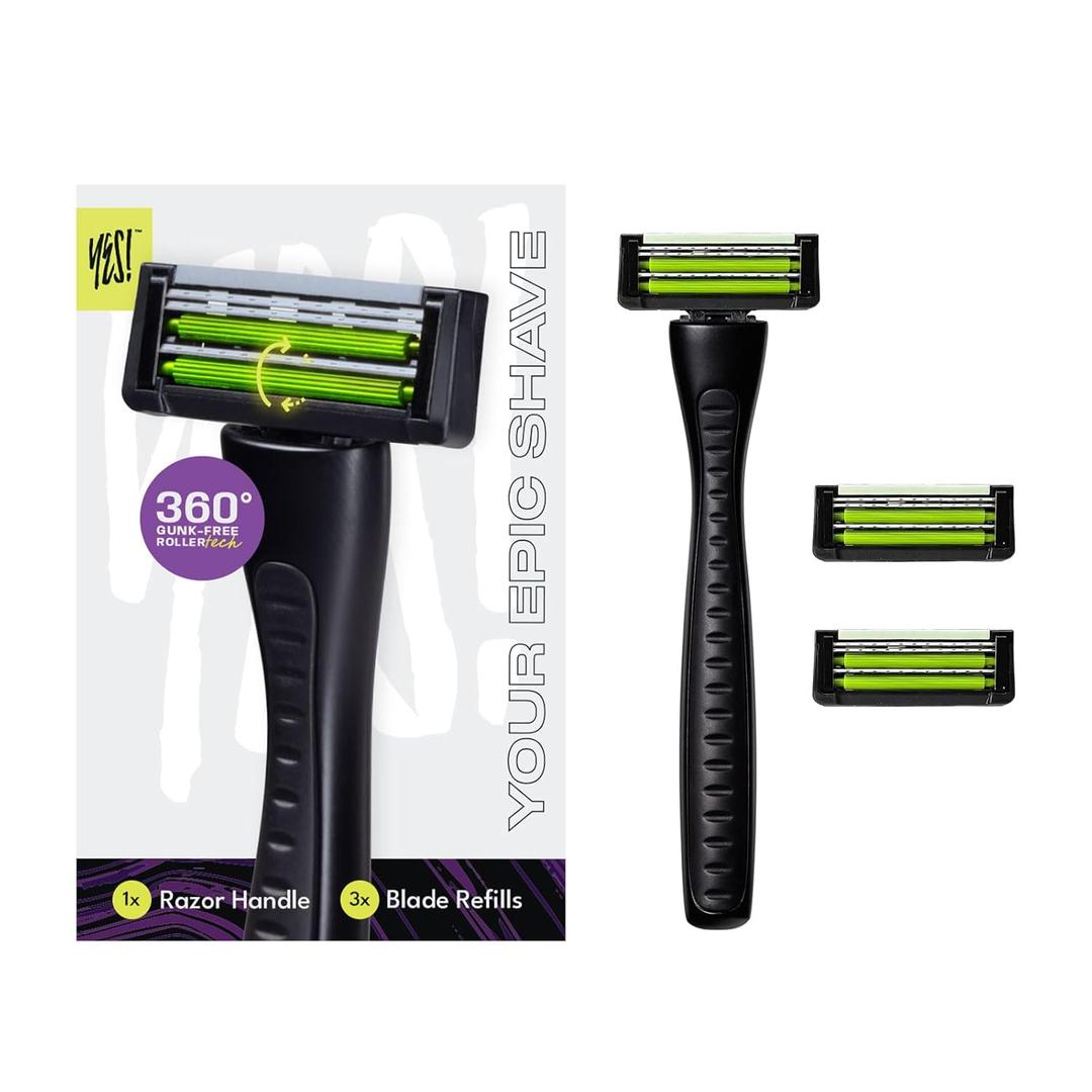 Anti-Clogging Razor Cartridge with Patented Dual Roller System Triple Blade, Easy-Rinse Design, 1 Handle 3 Refills YES! Your Epic Shave