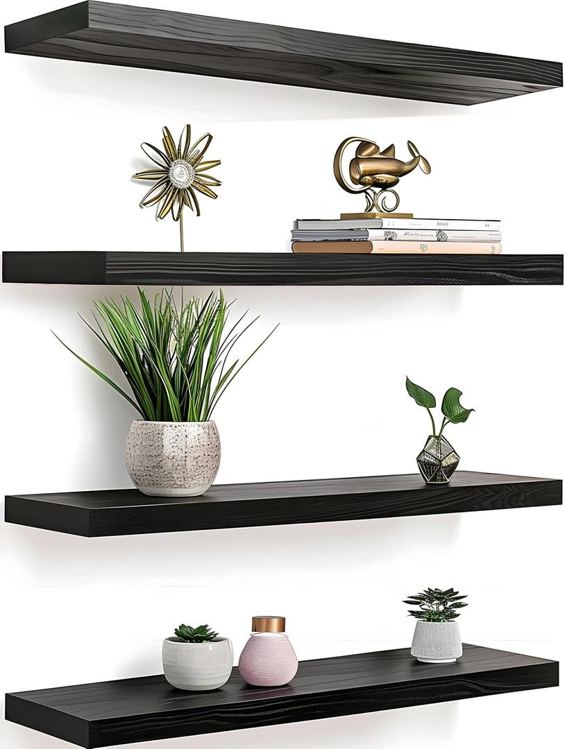Black Wood Floating Shelves for Wall Rustic Wall Shelf for Bedroom Living Room Set of 4 (17 Inch)