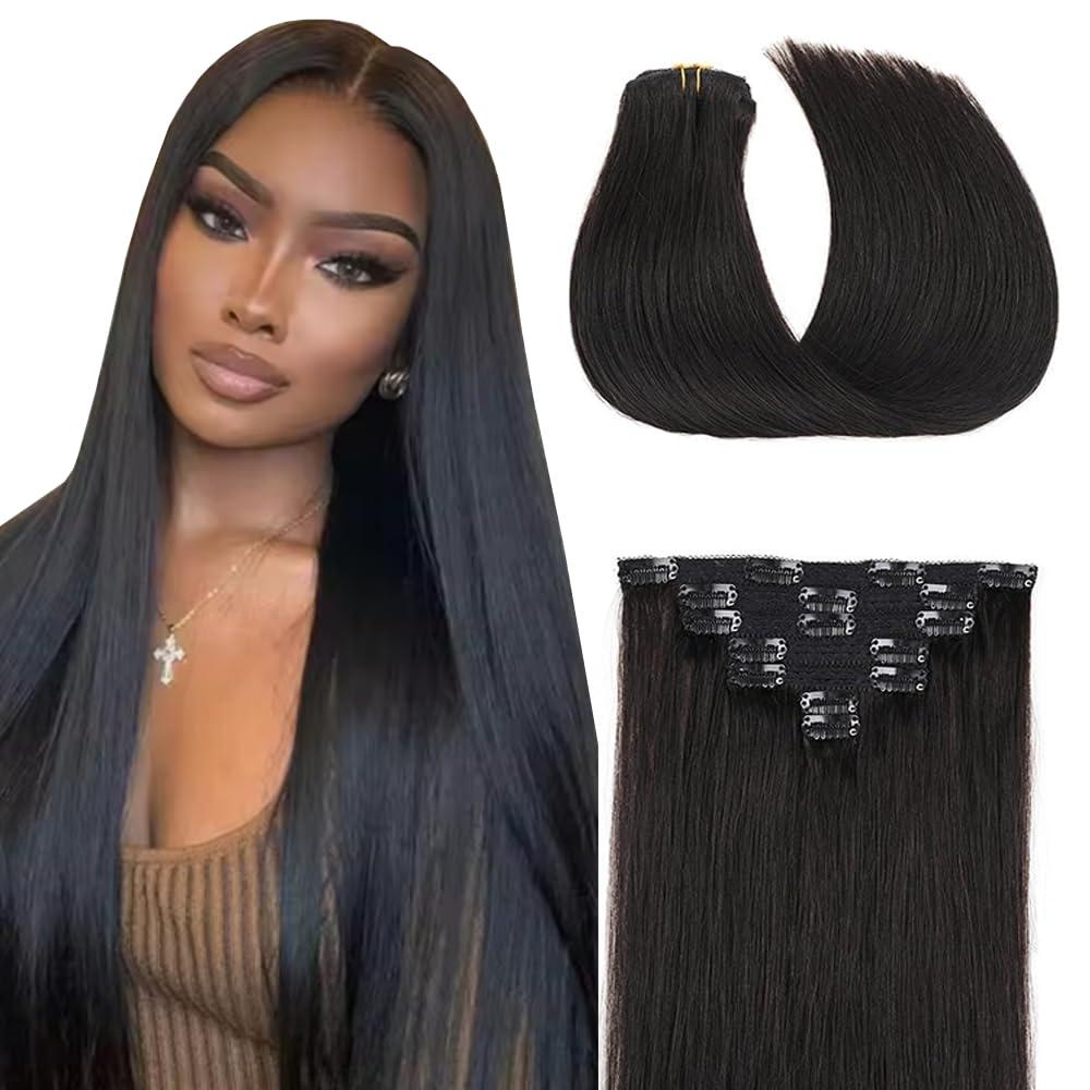 #1B Straight Clip in Hair Extensions Real Human Hair, 28 Inch 120g/7Pcs,Full Shine Remy Human Hair,Natural Black Clip ins Brazilian Virgin Human Hair Extensions