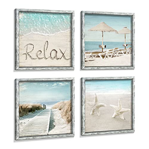 Ocean Framed Wood Wall Art: Beach Picture Seascape Artwork Coastal Prints Starfish Boardwalk Art Collection Wall Decor Set of 4 for Bathroom