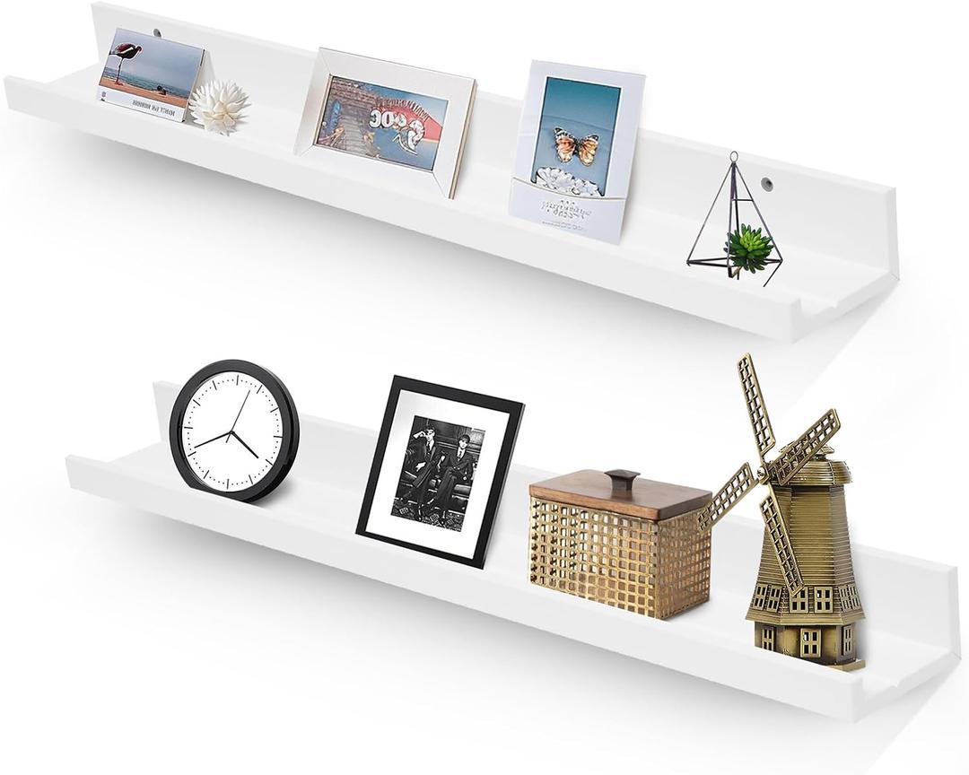 Muzilife 35.4" Large Floating Wall Ledge Shelves with Lip - Set of 2 Wood Floating Shelves - White Wall Mounted Picture Ledge for Office, Bathroom, Bedroom, Living Room, Kitchen