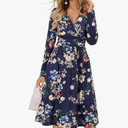 OUGES Women's Fall Long Sleeve Dress Casual Wrap V Neck Flowy Midi Wedding Guest Dresses with Pockets 2025, S