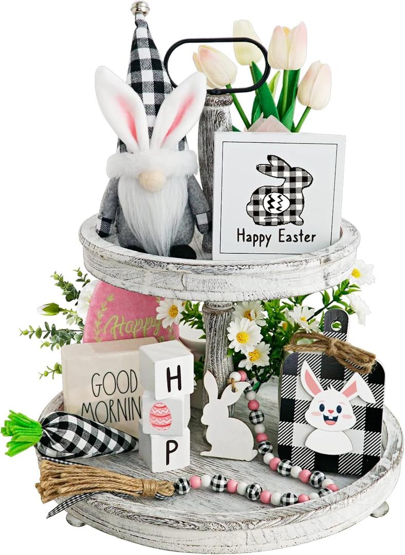8pcs Spring [Easter] Bunny Gnome Tiered Tray Decorations, Buffalo Plaid, Plush, Black Check Carrot , 3D Wood Signs, Bead Garland, Farmhouse Kitchen Table Decor