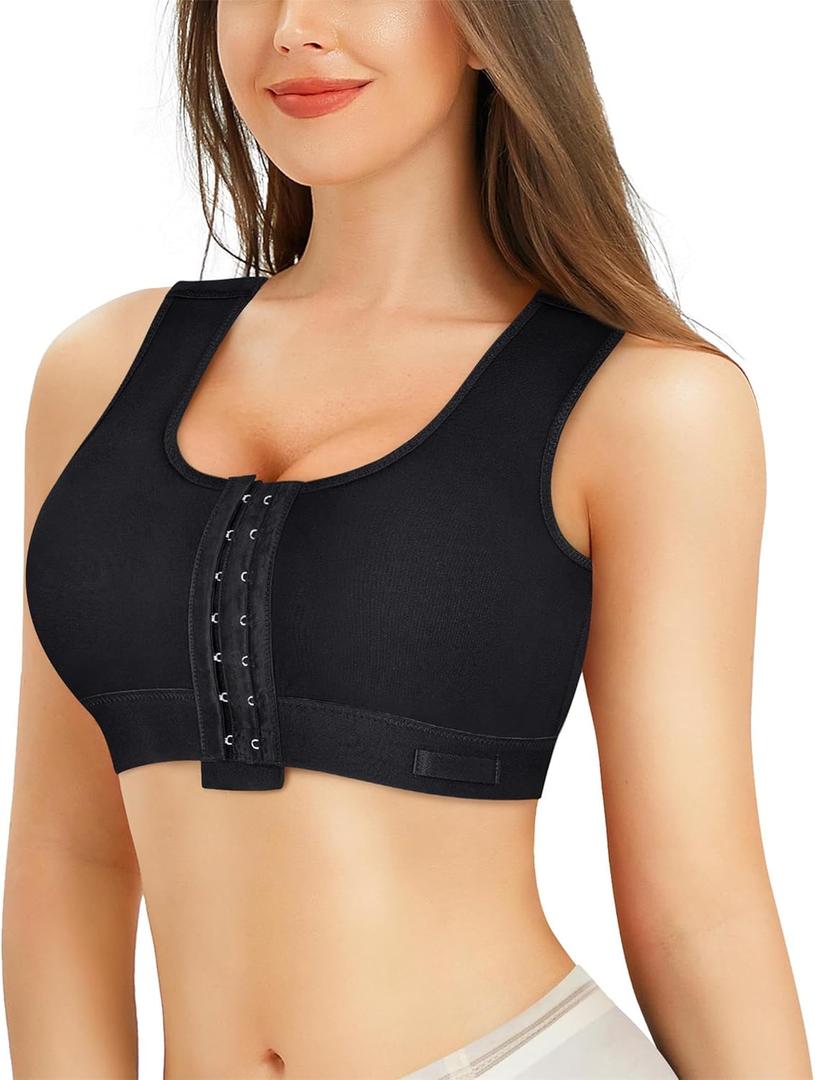 BRABIC Women Front Closure Post Surgery Compression Everyday Bras for Mastectomy Support with Adjustable Straps Wirefree (Large, Black)