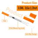 U-100 Syringe 0.5 ml/cc, 31 Gaugex1/2"(13mm), Orange Cap, Disposable Individual Wrapped, Pack of 100