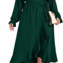 SCOMCHIC Women Plus Size Formal Dresses Fall Long Sleeve Faux Wrap V Neck High Low Ruffle Cocktail Wedding Guest Maxi Dress (XX-Large Plus, Emerald Green)
