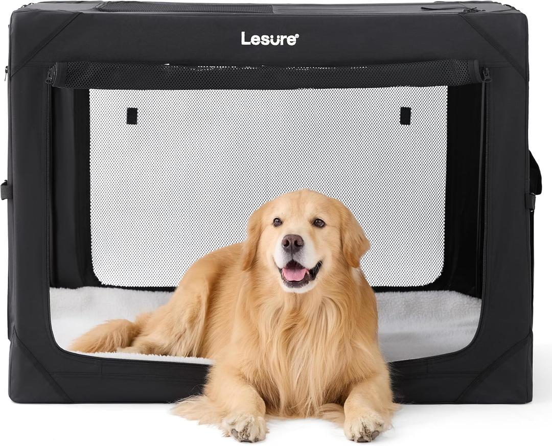 Lesure Collapsible Dog Crate - Portable Travel Kennel for Extra Large Dog, 4-Door Pet Crate with Mesh Windows, Indoor & Outdoor, Black