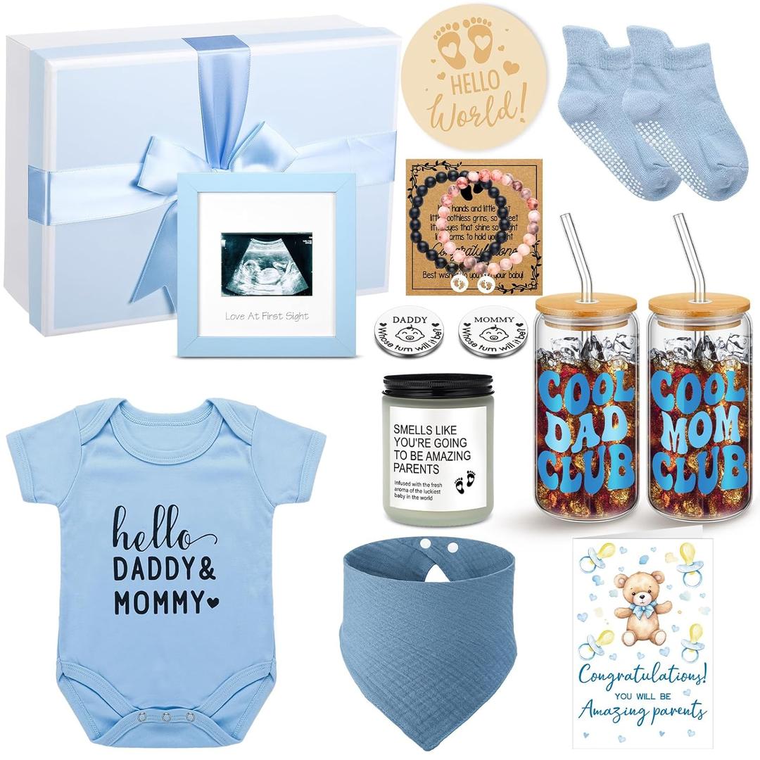 13 Pcs New Mom Gifts for Boys Baby Shower Basket Gift Pregnancy New Parents Basket Gift for Couples Gender Reveal Gifts with Mom and Dad Baby Showers Care Package for First Time Moms