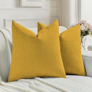 FUTEI Mustard Yellow Chenille Decorative Throw Pillow Covers 18x18 Inch Set of 2,Soft Cozy Faux Linen Textured Cushion Case,Farmhouse Home Decor for Couch Living Room