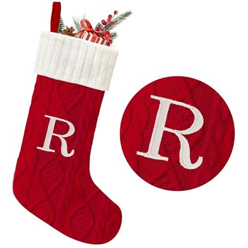 Yoochee 21 Inches Knitted Christmas Stockings with Initials, Large Red Custom Monogram Christmas Stockings with Letter, Personalized Xmas Decoration for Holiday Family Party(Red-R)