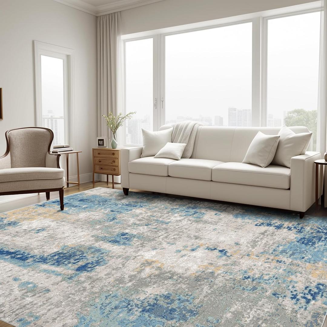 Large Area Rug for Living Room 9x12, Modern Abstract Area Rug, 9x12 Washable Large Bedroom Rug with Non Slip Rubber Backing for Under Dining Table Office Bedroom Indoor, Blue/Grey/Ivory